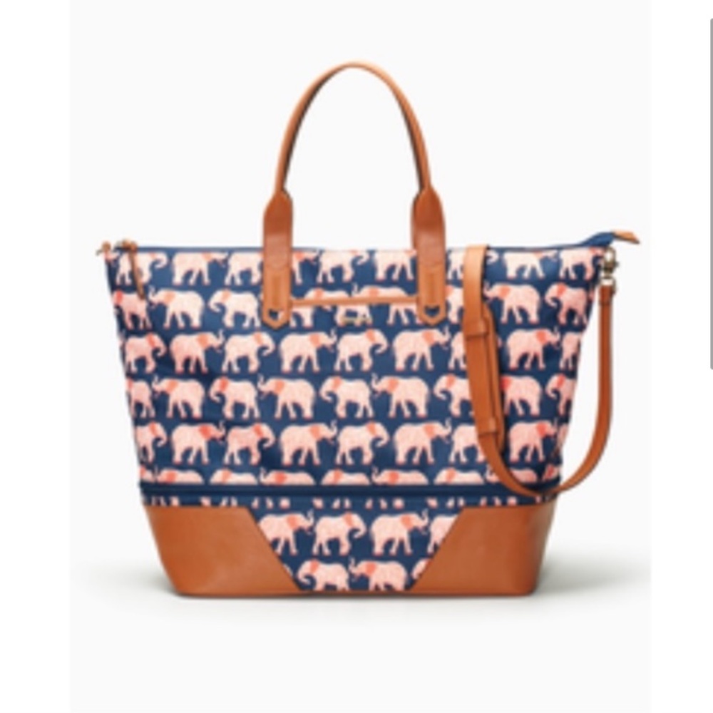 ::Stella & Dot | Luckily Elephant Weekender Extendable Tore Bag Navy Blue & Red - Picture 3 of 7